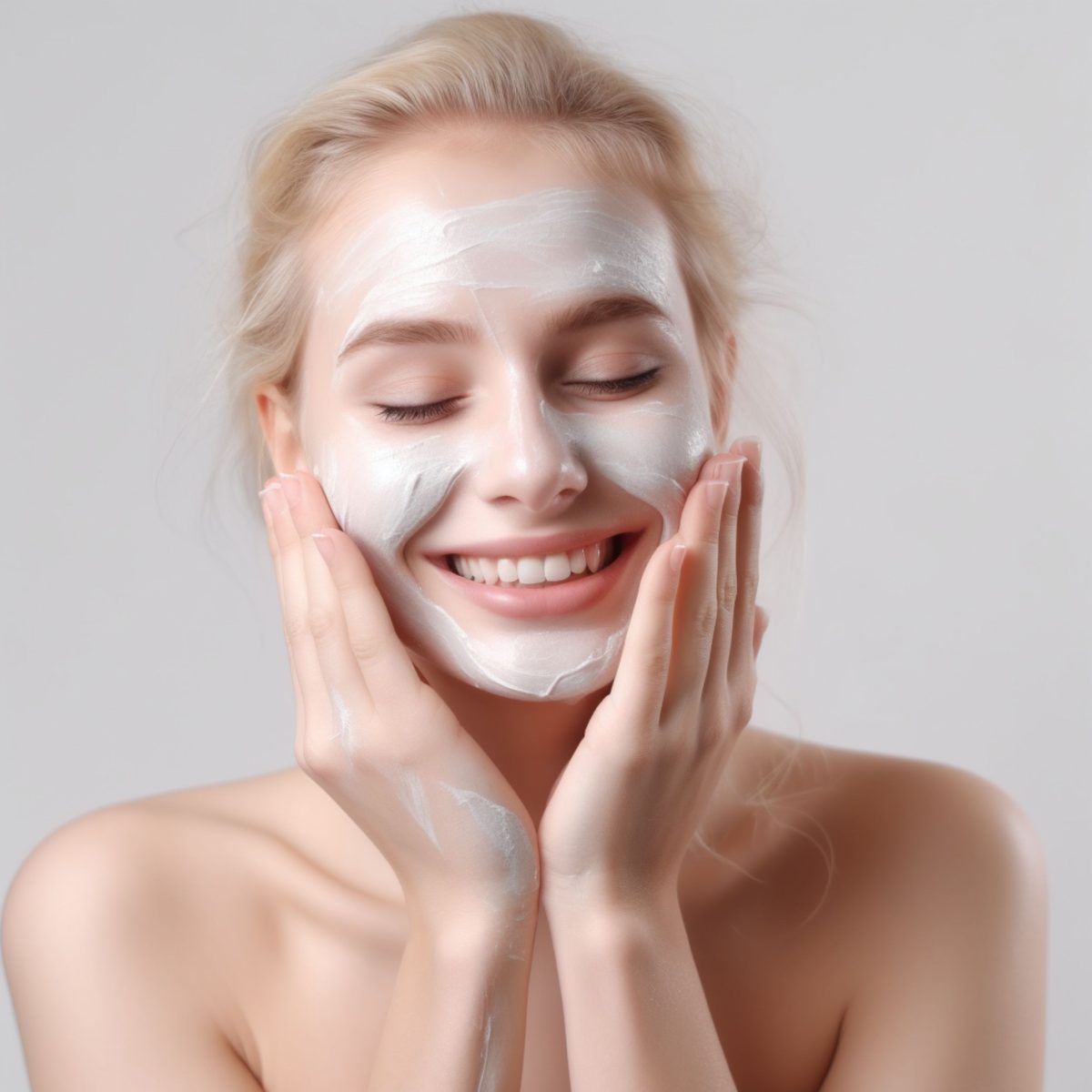 Femme appliquant un nettoyant moussant sur son visage